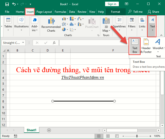 Đi tới Chèn - Văn bản - Hộp văn bản. chuyển hướng