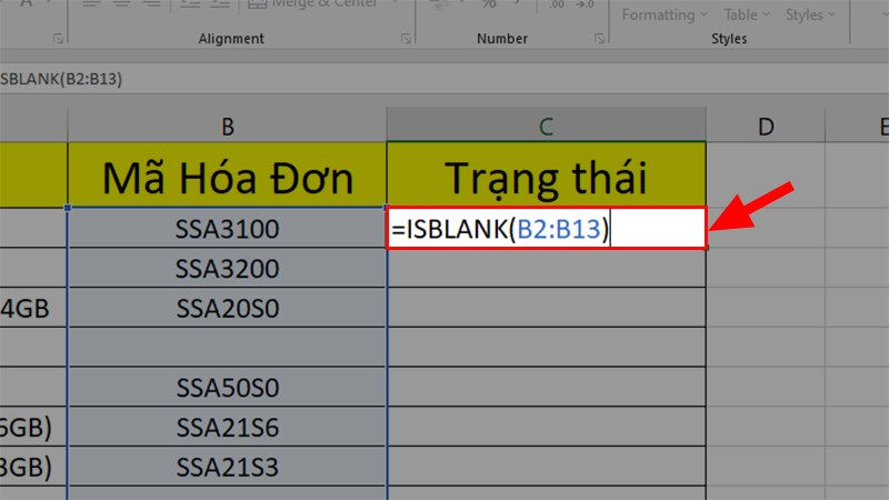 Nhập hàm = ISBLANK (B2: B13) vào ô C2