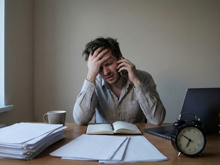 A stressed man sits at a desk with his hand on his head and a phone to his ear, surrounded by papers, a notebook, and a laptop. The scene conveys urgency and pressure, with a soft natural light highlighting his anxious expression.