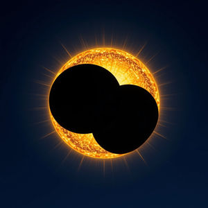 Sparkling circular golden sun eclipsed by 2 black circular orbs that act as a camouflage