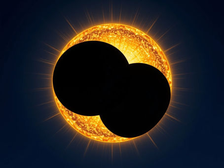 Sparkling circular golden sun eclipsed by 2 black circular orbs that act as a camouflage