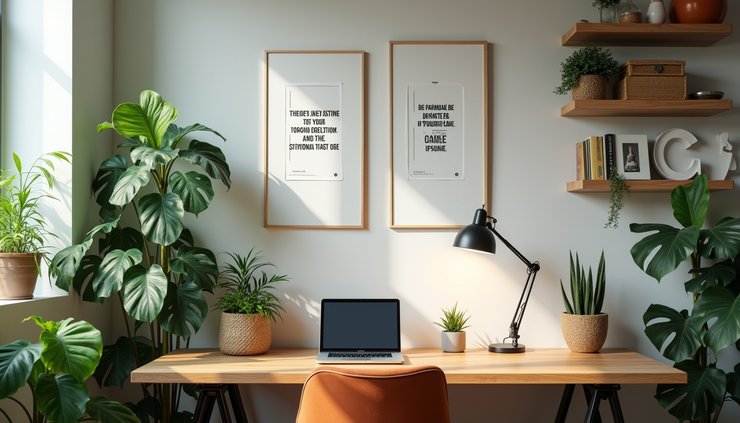 High angle view of a cozy, organized workspace with plants and motivational quotes