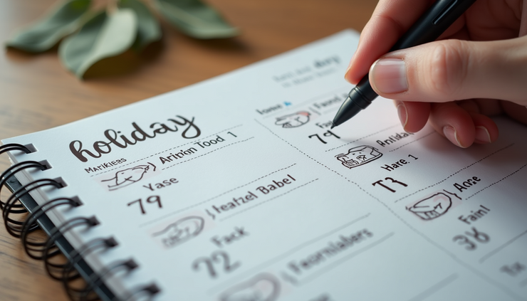 Close-up view of a handwritten holiday planner with notes and reminders for family and work commitments