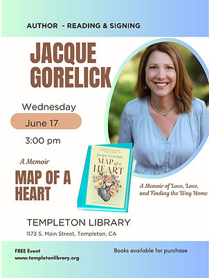 Jacque Gorelick, author of Map of a Heart, the May pick for the TCLA Book Club, will visit our library on June 17 for a reading and signing! 