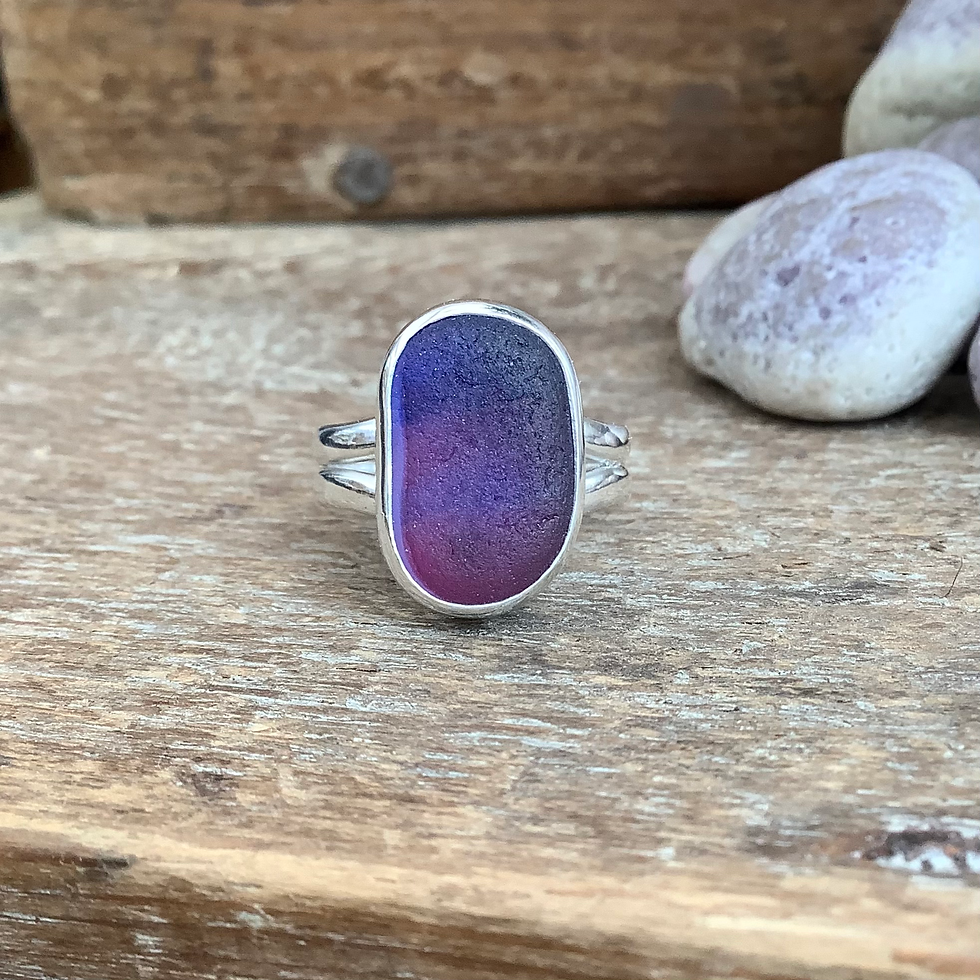 Thumbnail: Purple/Blue Multi Seaham Seaglass and Sterling Silver Ring (size O US 7)
