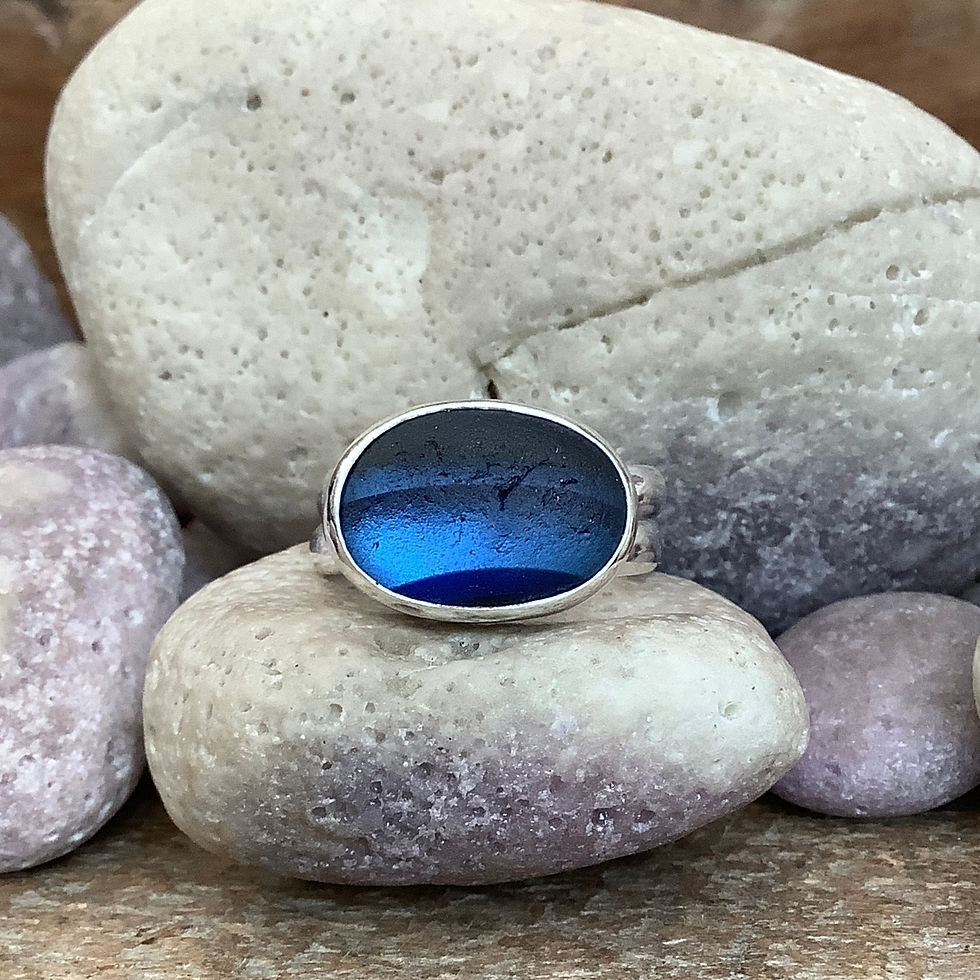 Thumbnail: Blue Multi Seaham Seaglass and Sterling Silver Ring (size O US 7)