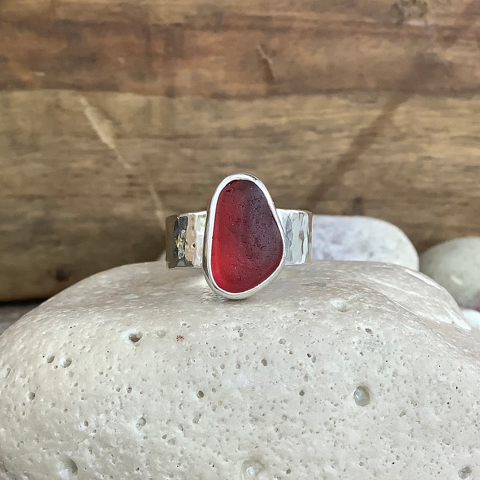 Red Seaham Seaglass and Sterling Silver Ring (size N US 6 3/4)