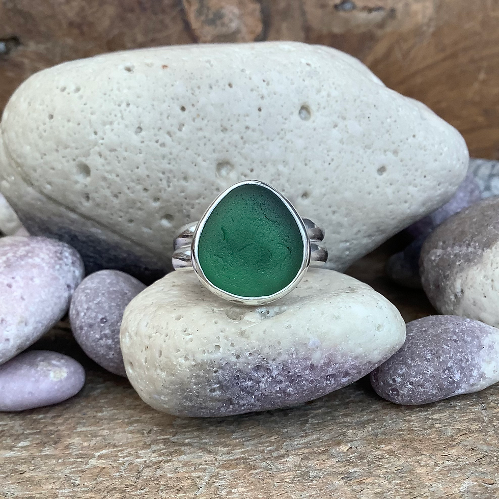 Green Seaham Seaglass and Sterling Silver Ring (size Q US 8)