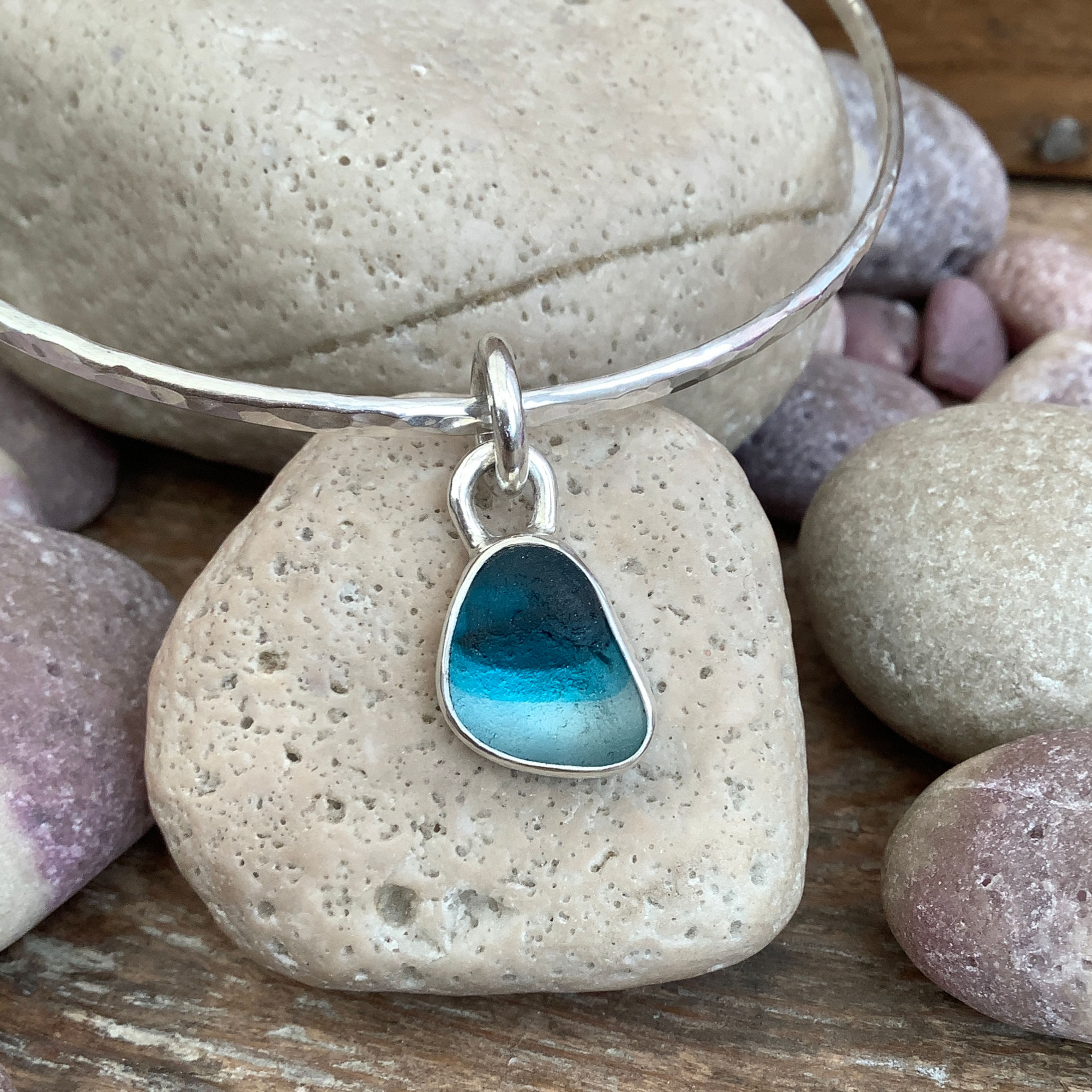 Sterling Silver Turquoise Multi Seaham Seaglass Bangle (size L)