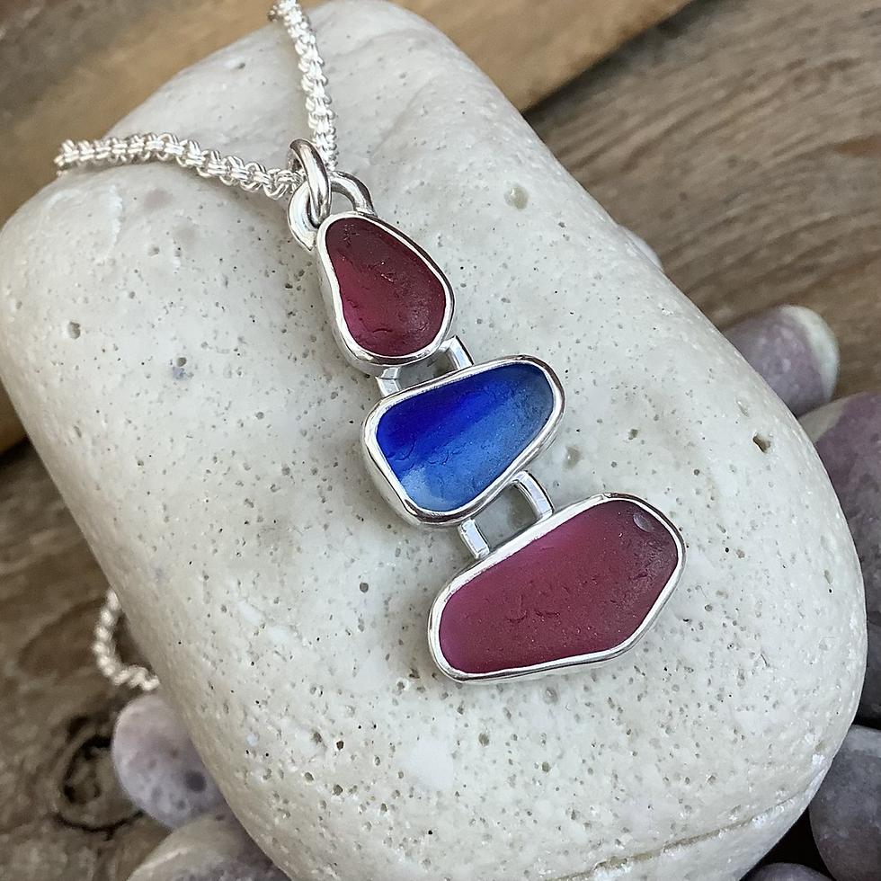 Thumbnail: Deep Pink and Blue Triple Seaham Seaglass  and Sterling Silver Pendant 