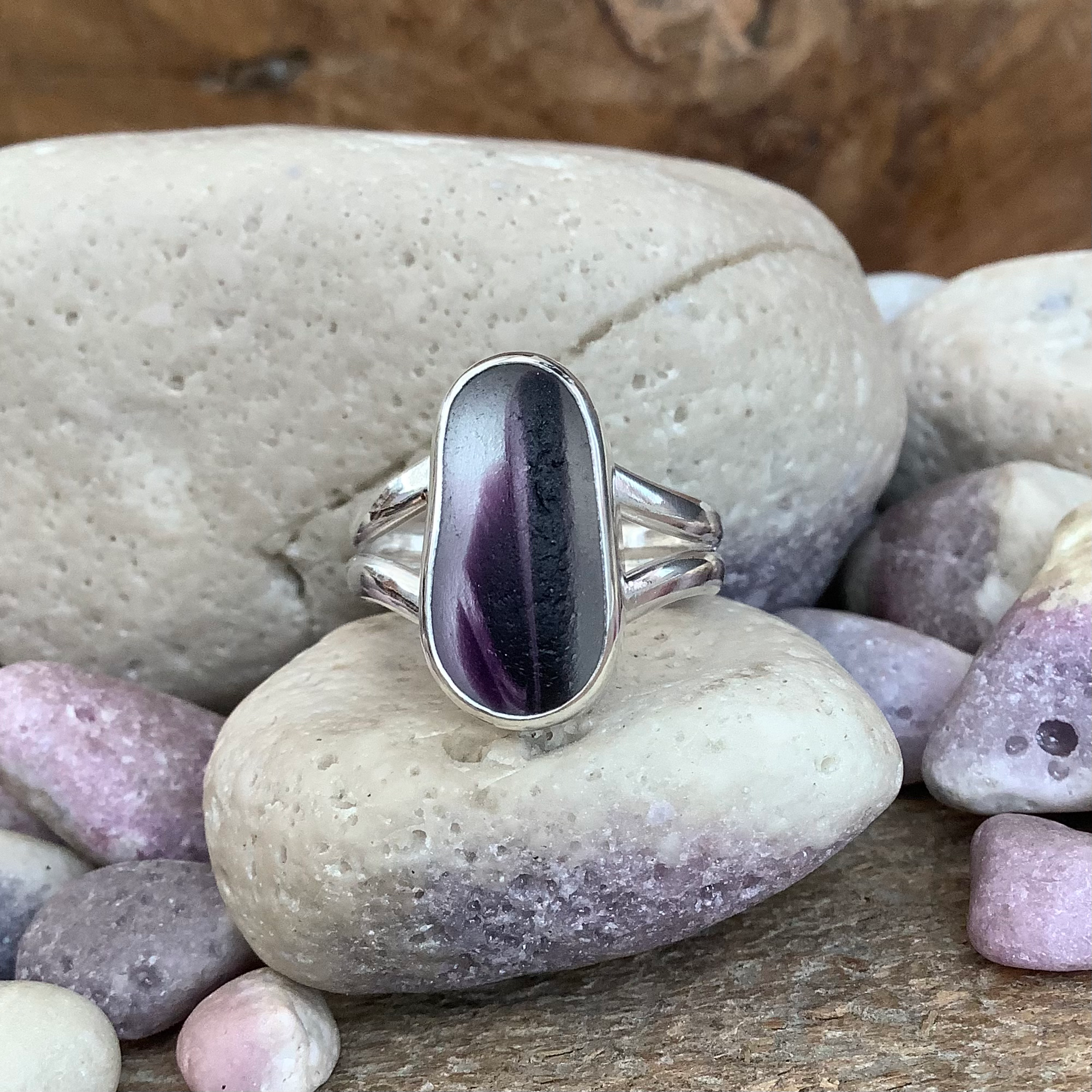 Purple Multi Seaham Seaglass and Sterling Silver Ring (size R US 8.5)