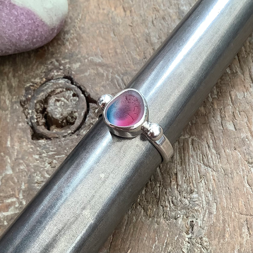 Pink/Blue Multi Seaham Seaglass and Sterling Silver Ring (size O US 7)