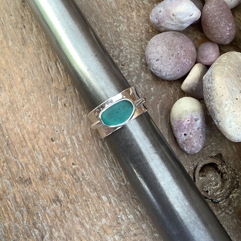 Thumbnail: Teal Icelandic Seaglass and Sterling Silver Spinner Ring (Size O 1/2 US 7 1/4)