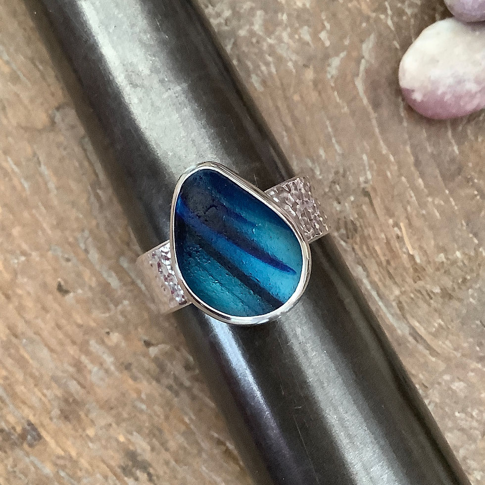 Thumbnail: Blue Multi Seaham Seaglass and Sterling Silver Ring (size S US 9)