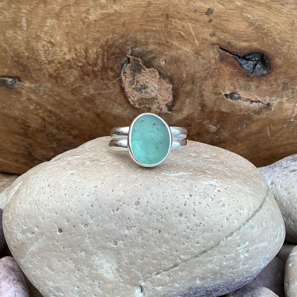 Thumbnail: Light Teal Seaham Seaglass and Sterling Silver Ring (size P US 7.5)
