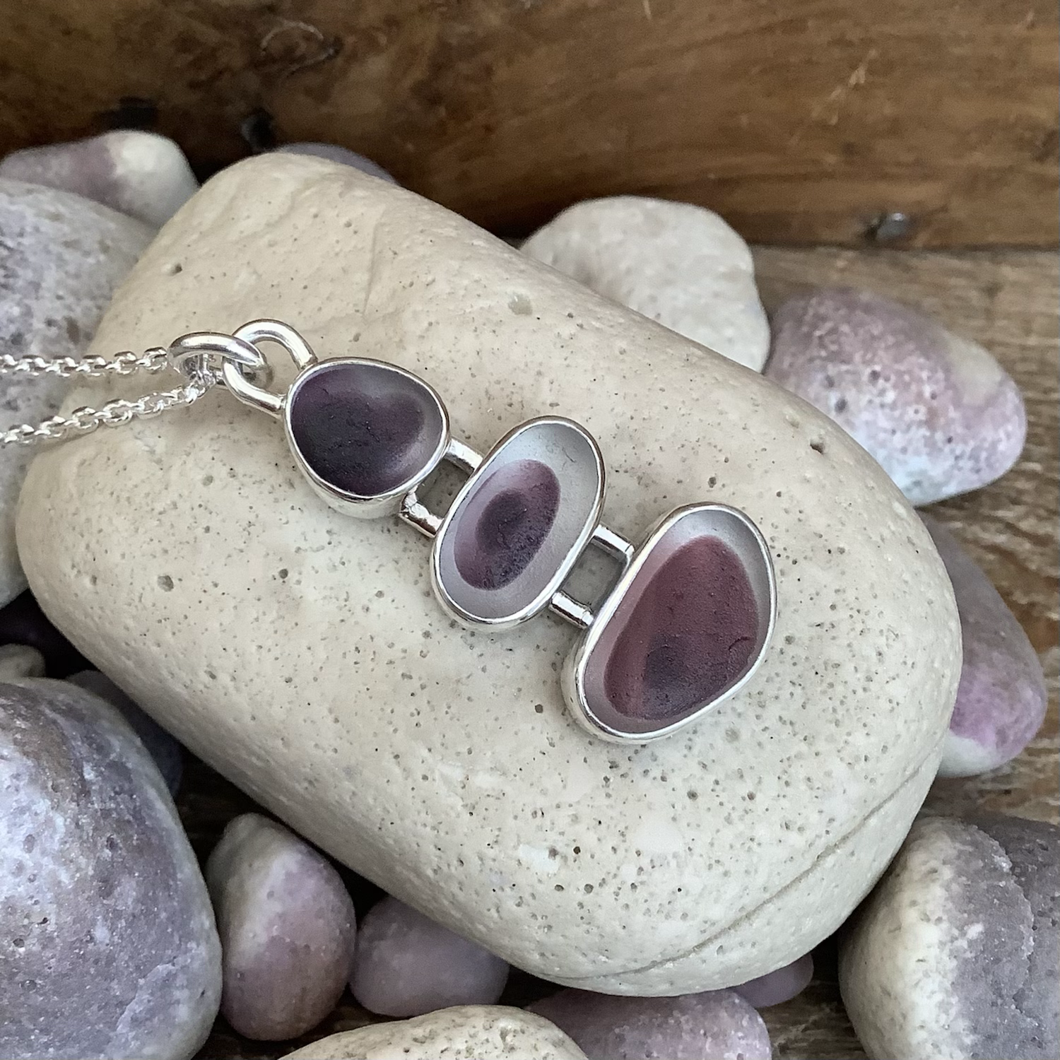 Seaham Seaglass and Sterling Silver Triple Pendant 