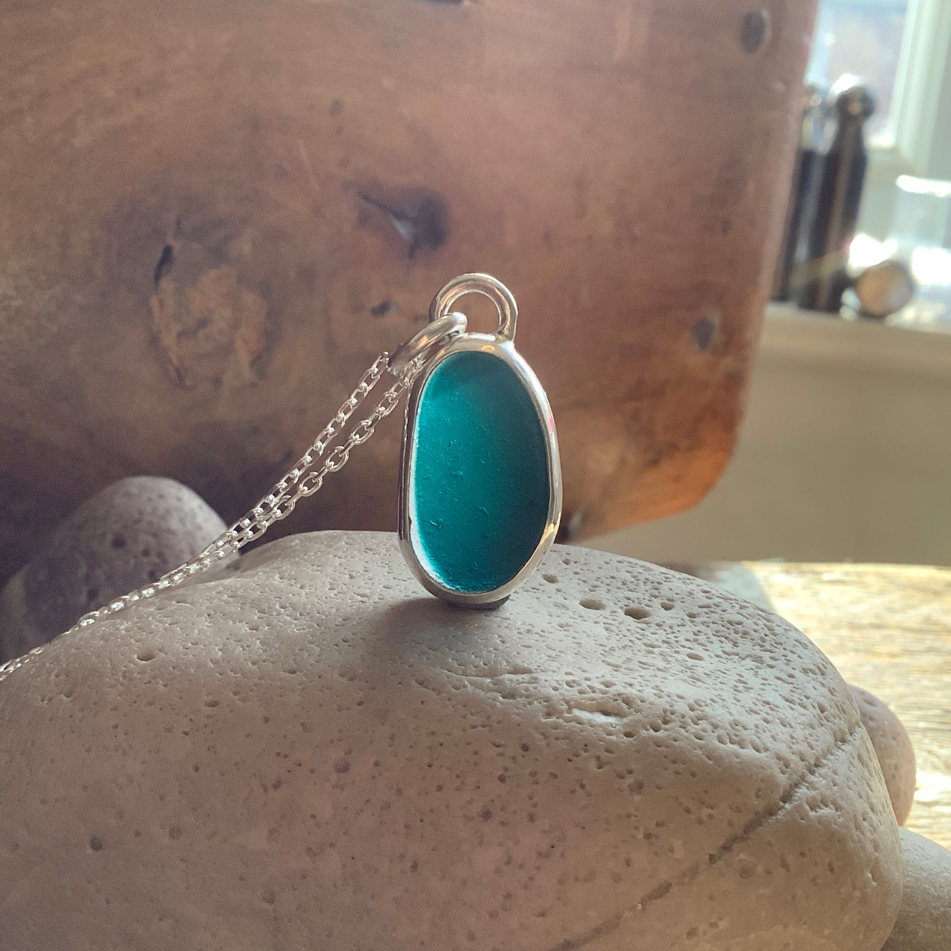 Teal Multi Seaham Seaglass and Sterling Silver Pendant 