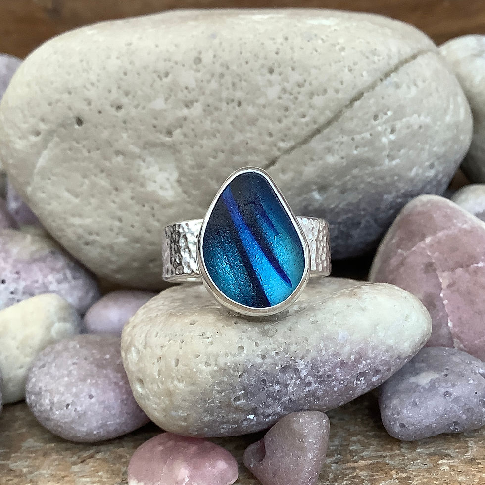 Blue Multi Seaham Seaglass and Sterling Silver Ring (size S US 9)