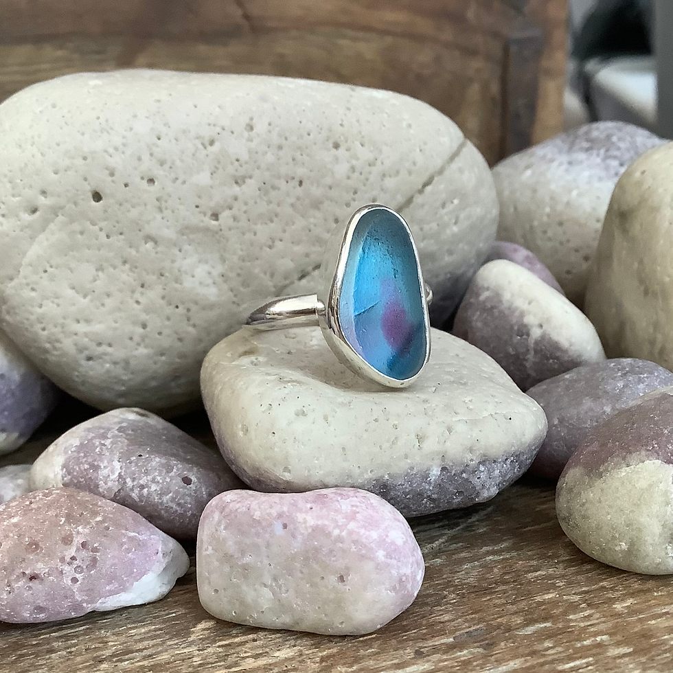 Thumbnail: Blue/Pink Multi Seaham Seaglass and Sterling Silver Ring (size P/Q US 7.5/8)