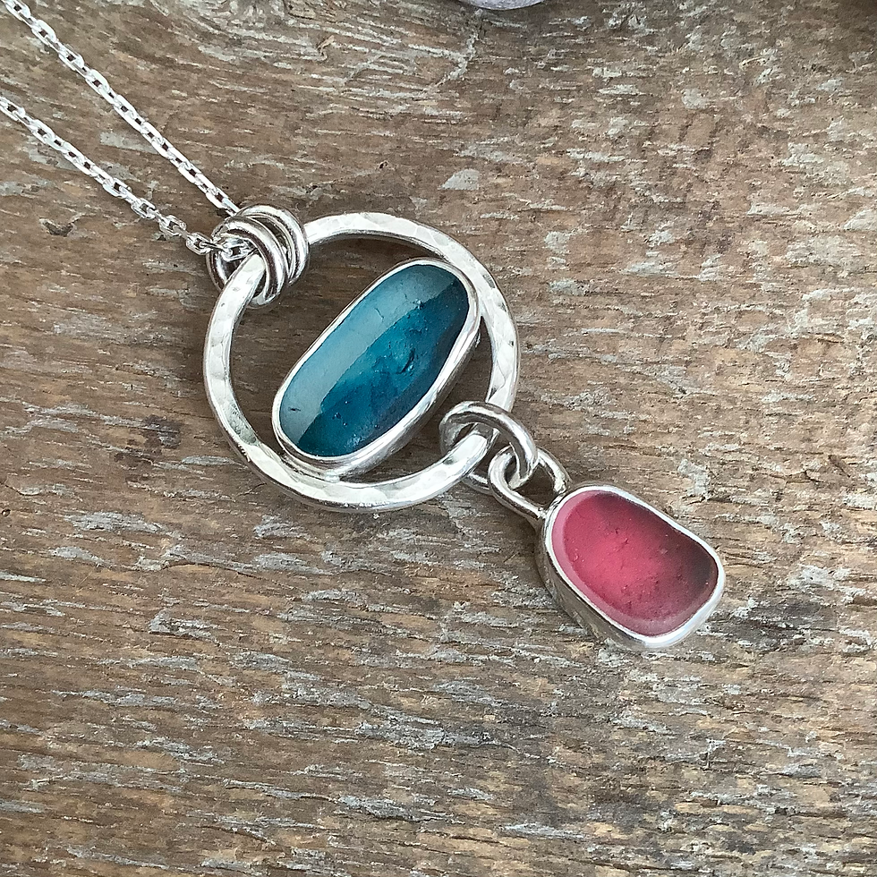 Thumbnail: Turquoise Multi and Pink Seaham Seaglass and Sterling Silver Pendant 