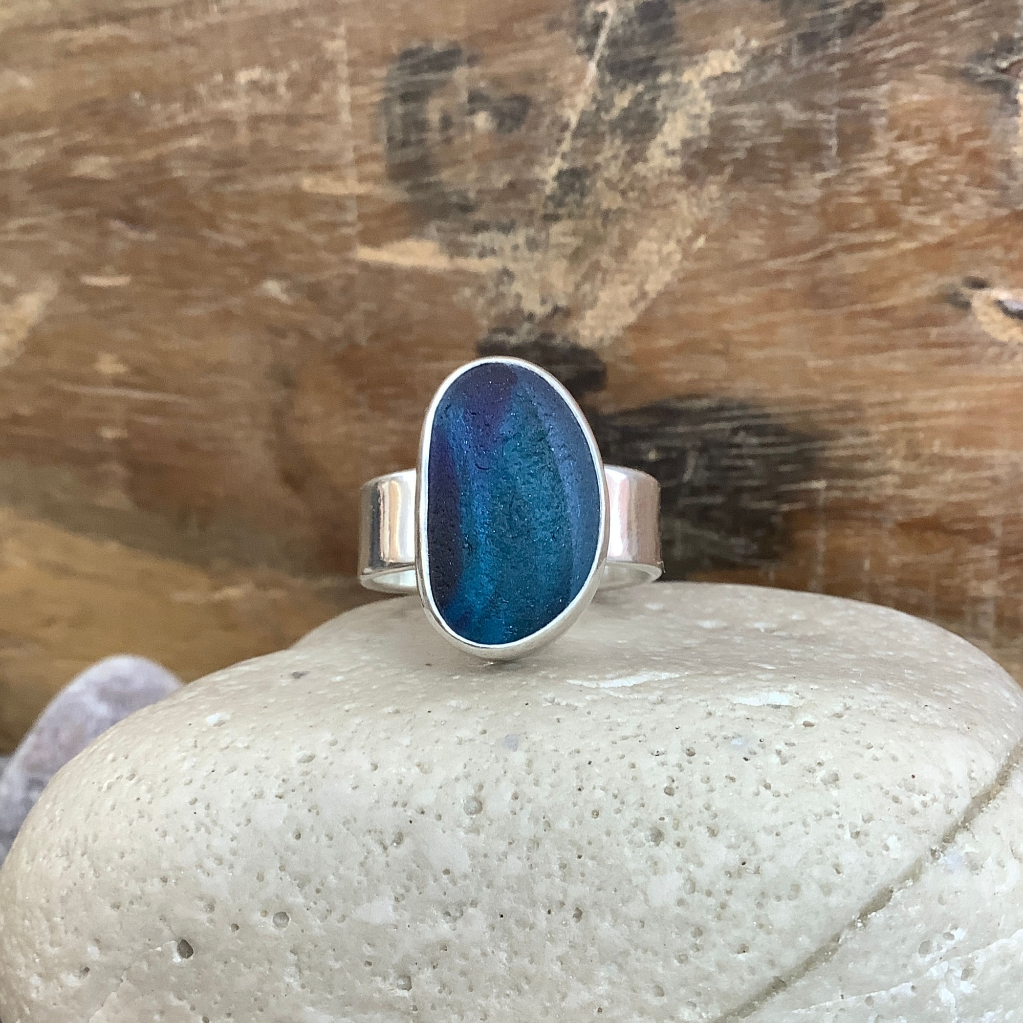 Blue Multi Seaham Seaglass and Sterling Silver Ring (size S US 9)