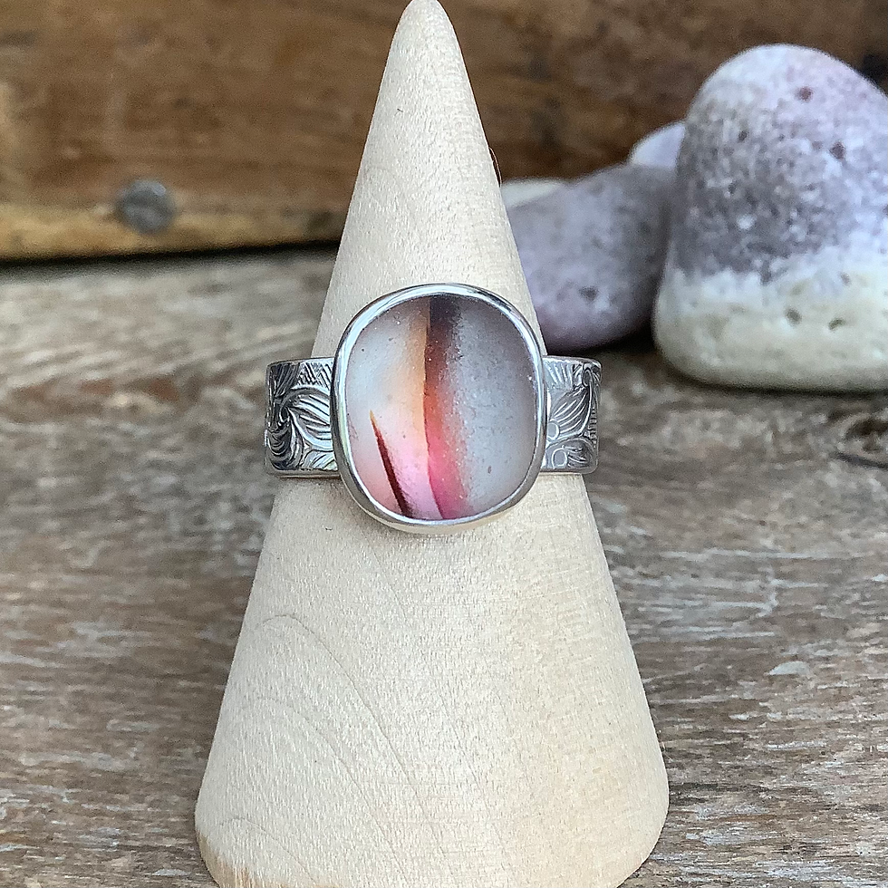 Thumbnail: Pink/Coral Multi Seaham Seaglass and Sterling Silver Ring (size Q US 8)