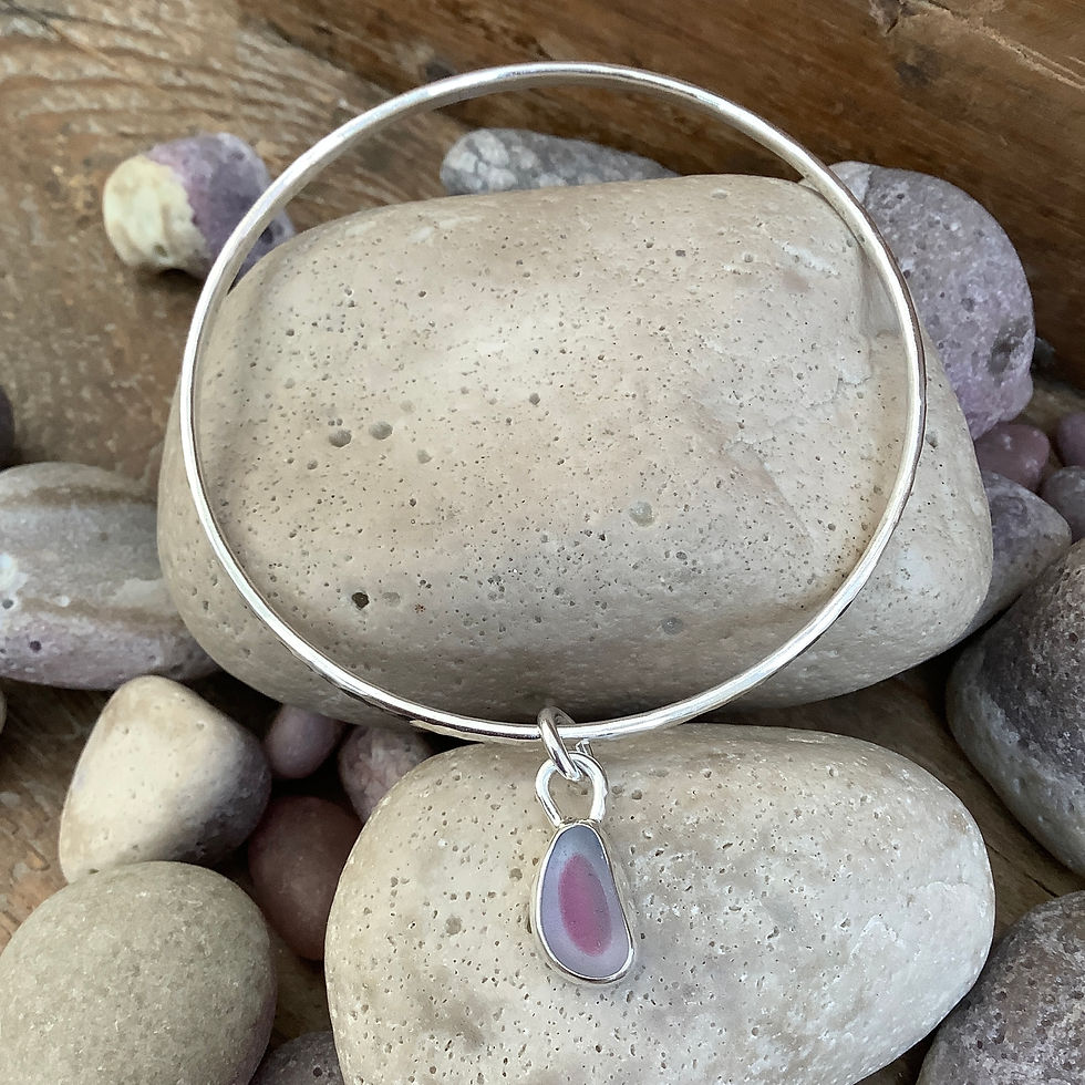 Thumbnail: Sterling Silver  Pink/Purple Multi Seaham Seaglass Bangle (size M)