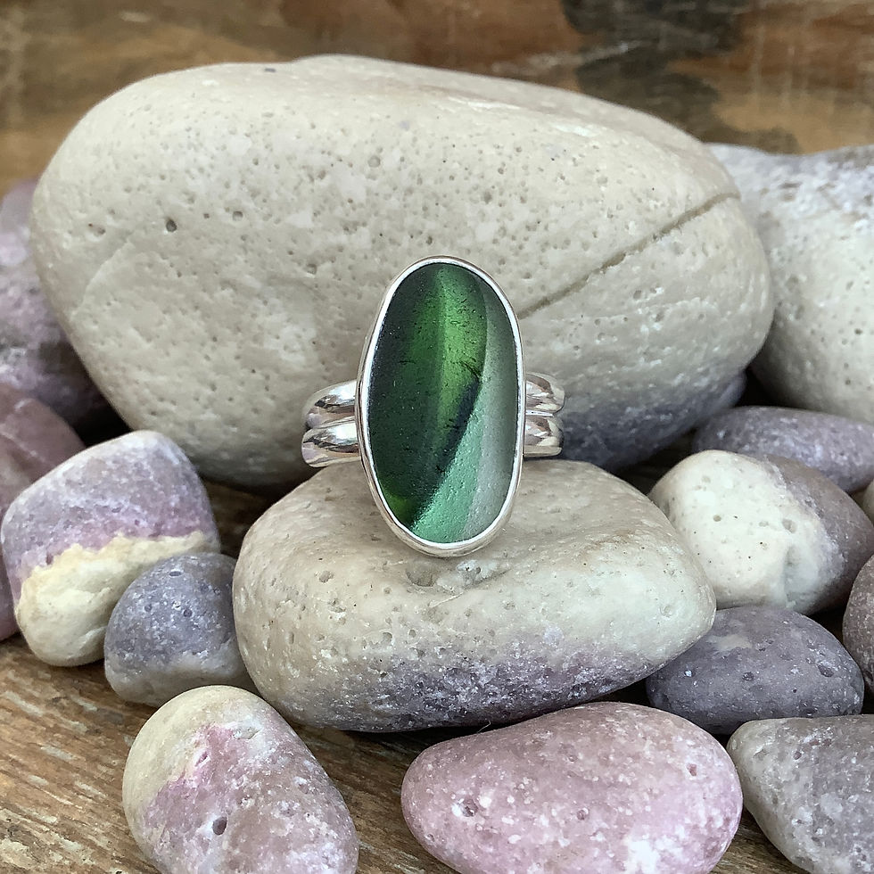 Thumbnail: Green Multi Seaham Seaglass and Sterling Silver Ring (size S US 9)