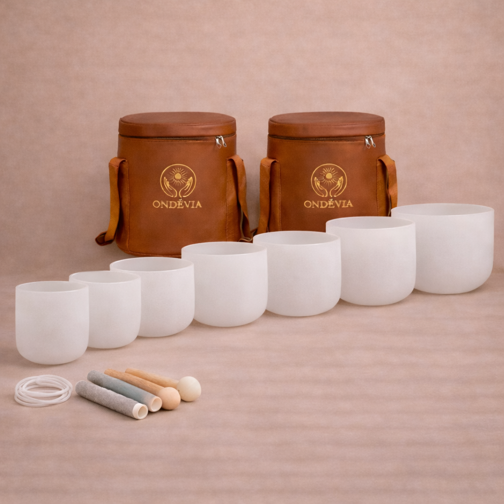 Coffret Complet 7 Bols de Cristal Givré ONDËVIA +2  Housses de transport