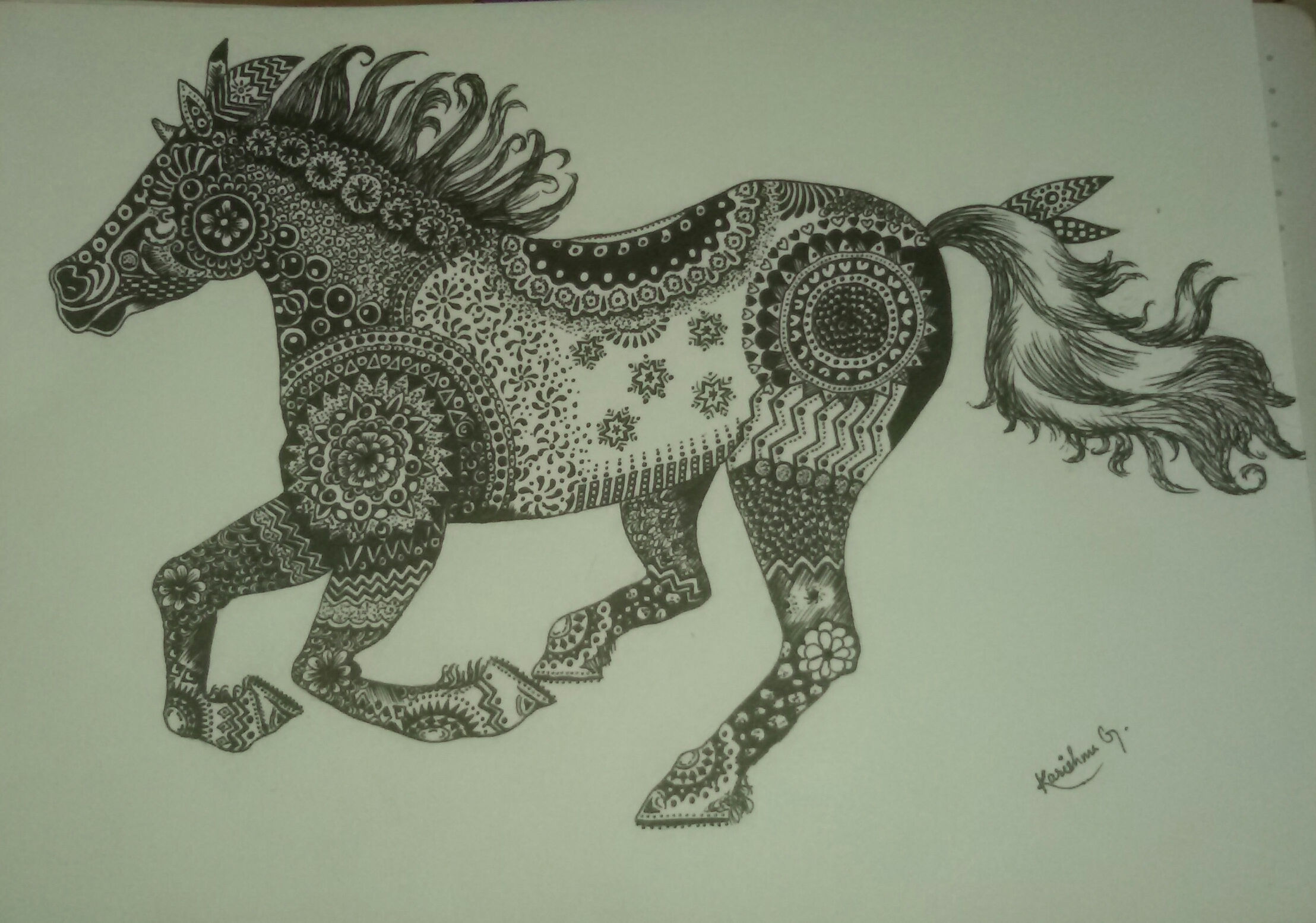 Zentangle Horse - Handpainted - 9in X 12in