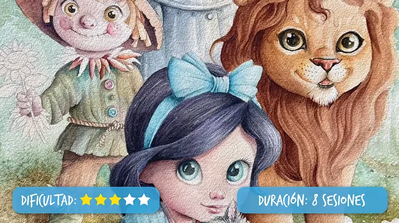 Ilustración narrativa en acuarela de los personajes del Mago de Oz en un entorno mágico, mostrando técnicas de iluminación y volumen. Portada del curso de acuarela.