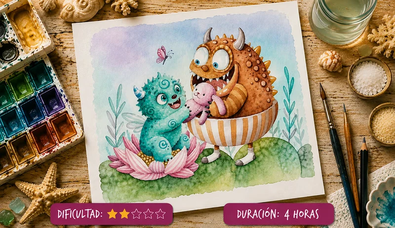Ilustración en acuarela de un personaje original creado en el curso Monstruos a la Obra