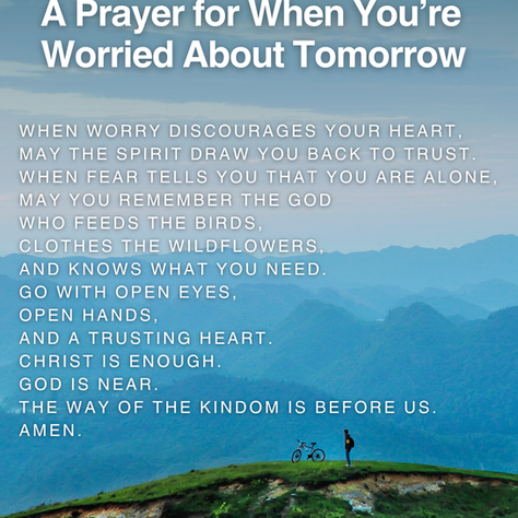 Poster with prayer text over blue mountains; lone person stands beside a bicycle on a grassy ridge, calm hopeful mood.