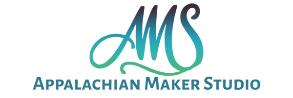 Appalachian Maker Studio logo. Letters "AMS" in artistic cursive with a color gradient from dark blue/purple to light green.