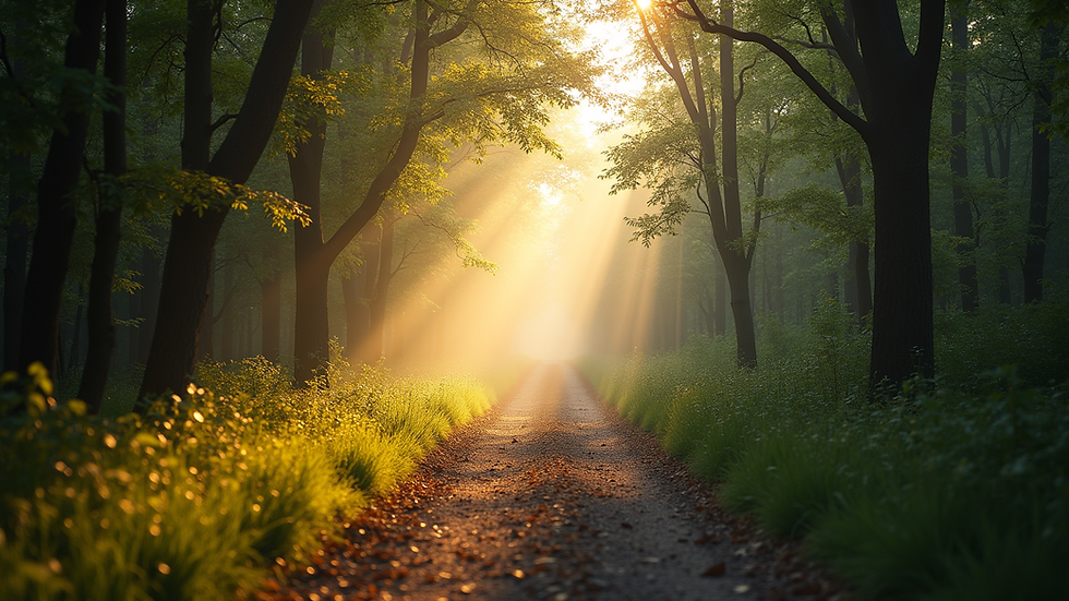 Eye-level view of a quiet forest path bathed in soft morning light