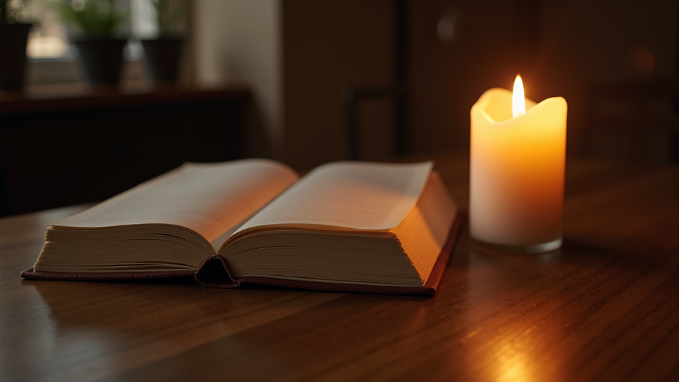 Close-up view of a lit candle on a wooden table with a journal beside it