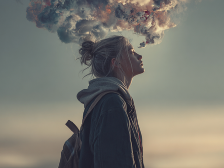 A person with a backpack distancing herself from incessant thinking.