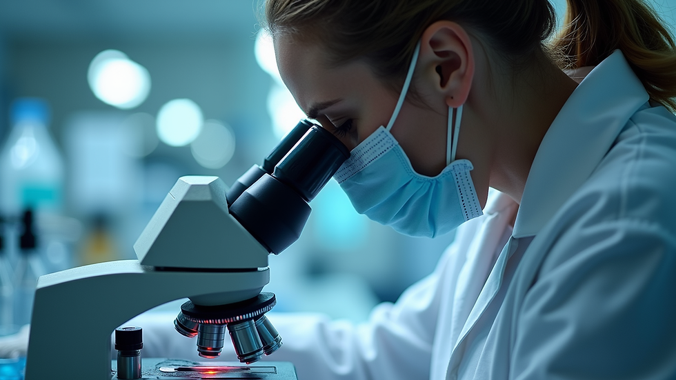 Close-up view of a laboratory technician analyzing cancer cells under a microscope