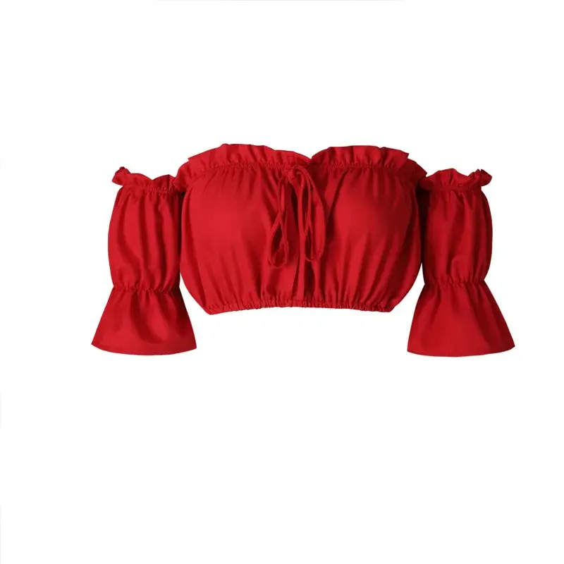Thumbnail: Crop Tops Women Summer Lantern Sleeve Sexy Strapless Beach Tops Red Black White