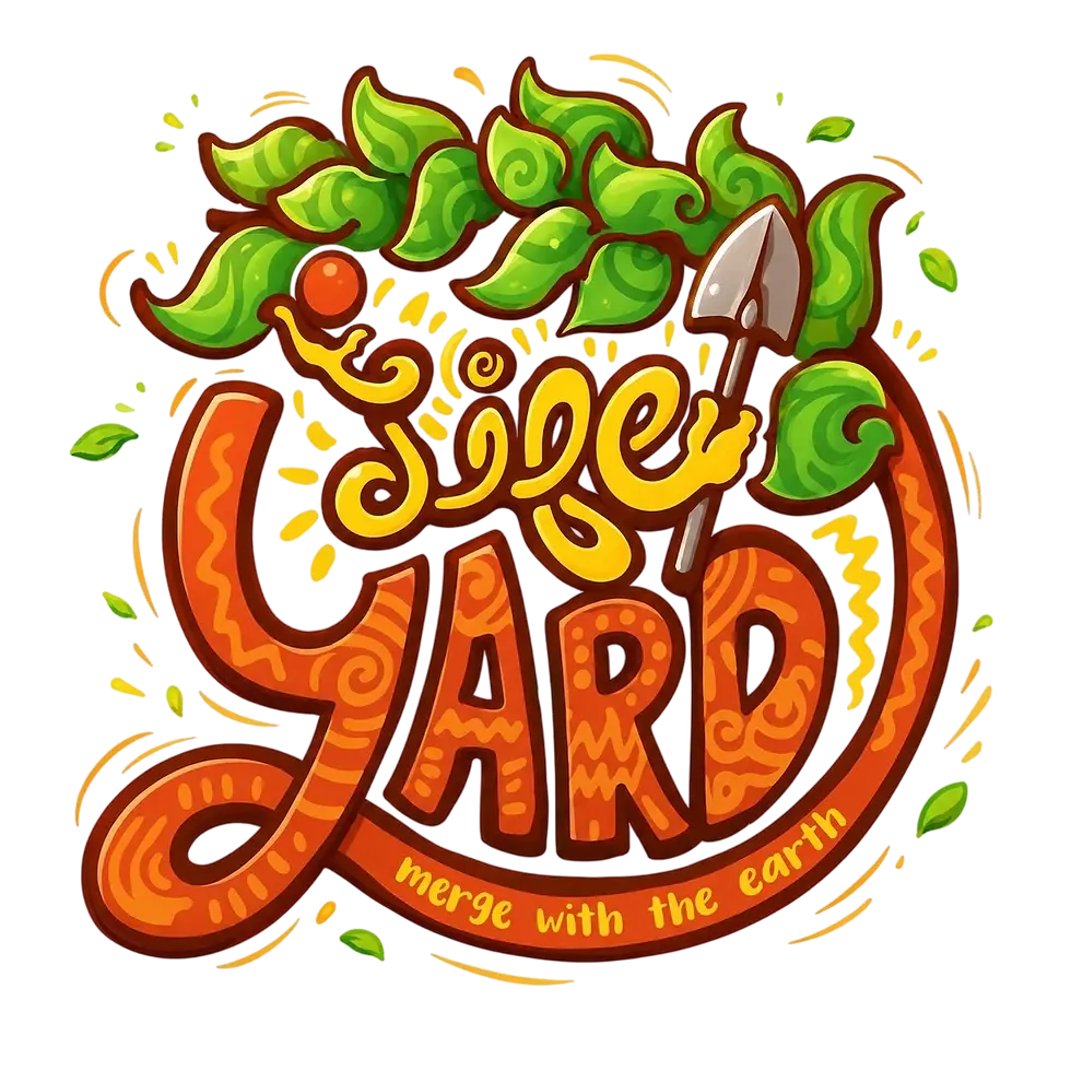 Digital illustration of a stylized logo reading "LIVE YARD" paired with the tagline "merge with the earth." The design features vibrant green leaves and a small gardening shovel against a black background.