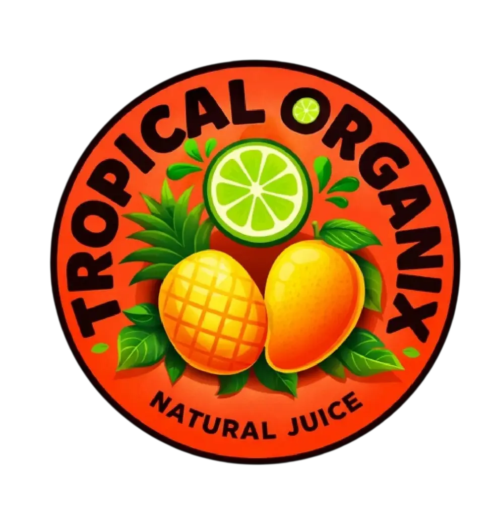 Graphic logo design featuring a vibrant illustration of a lime slice, pineapple, and mango on an orange circular background. The tropical aesthetic includes the brand name Tropical Organix and text noting natural juice.