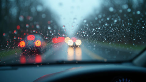 Rainy weather on a car windshield emphasizing careful driving conditions