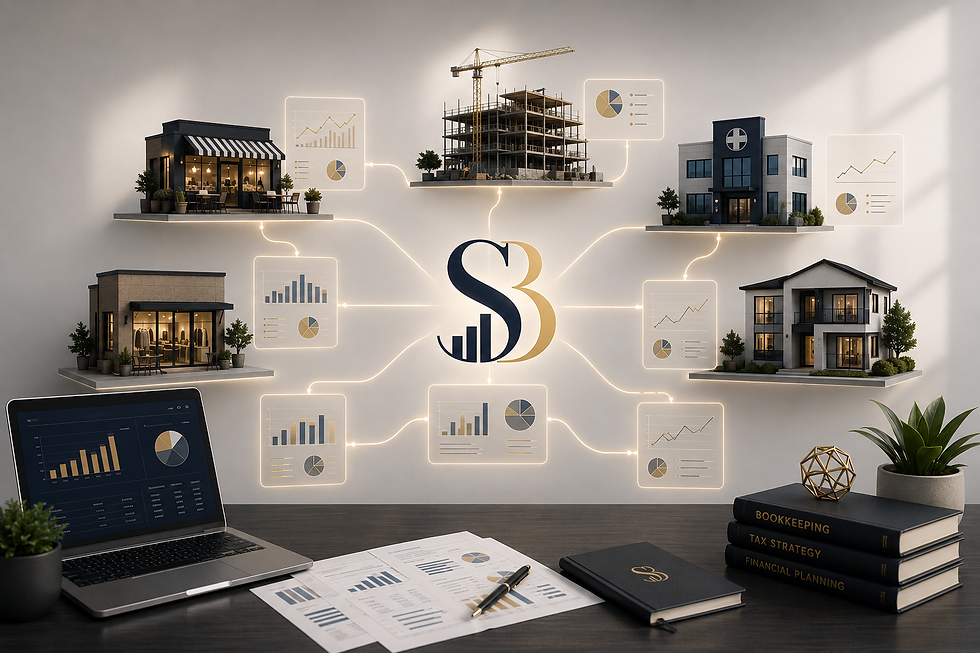 Modern business illustration showing multiple industries—including retail, construction, healthcare, hospitality, and real estate—connected through centralized financial reporting and bookkeeping systems surrounding the Small Business Financial Solutions logo.