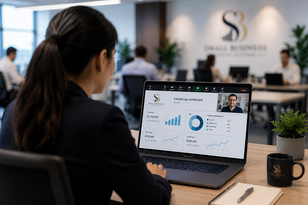 Small Business Financial Solutions employee conducting a virtual bookkeeping consultation with a client, sharing financial reports, cash flow metrics, and business performance data during an online meeting from a modern office.