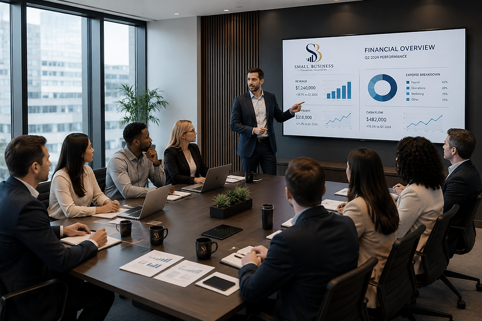 Small Business Financial Solutions team meeting in a modern conference room reviewing financial reports, bookkeeping performance metrics, cash flow trends, and business growth strategies during a financial planning presentation.