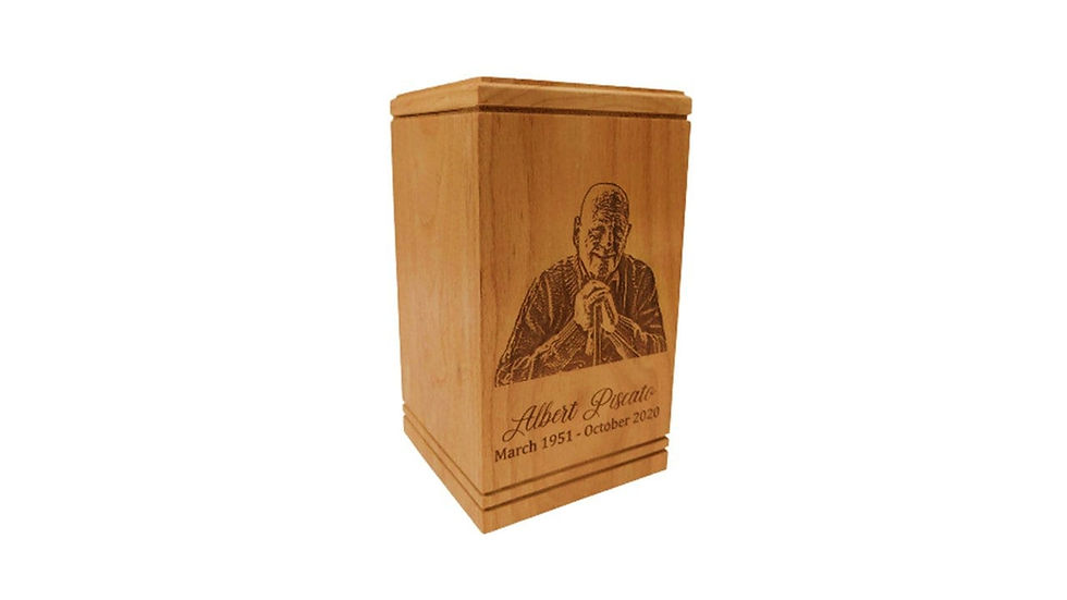 Thumbnail: Custom urn featuring a photo engraving and a personalized inscription.