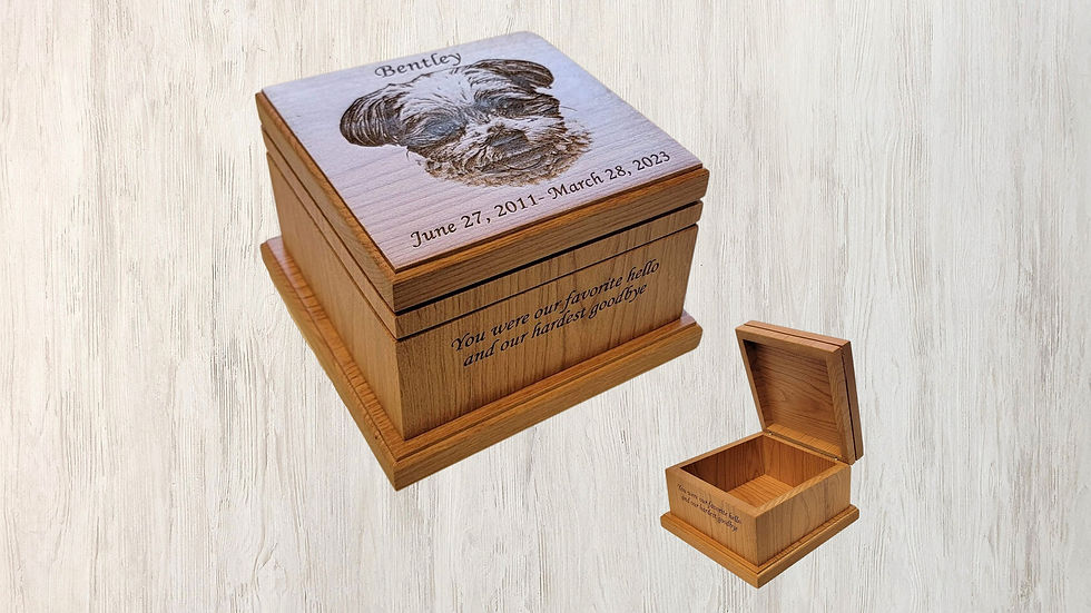 Thumbnail: Cremation Pet Urn, Ashes for Dog Cat Engraved, 1 to 75 lbs, Keepsake Wood Box, M