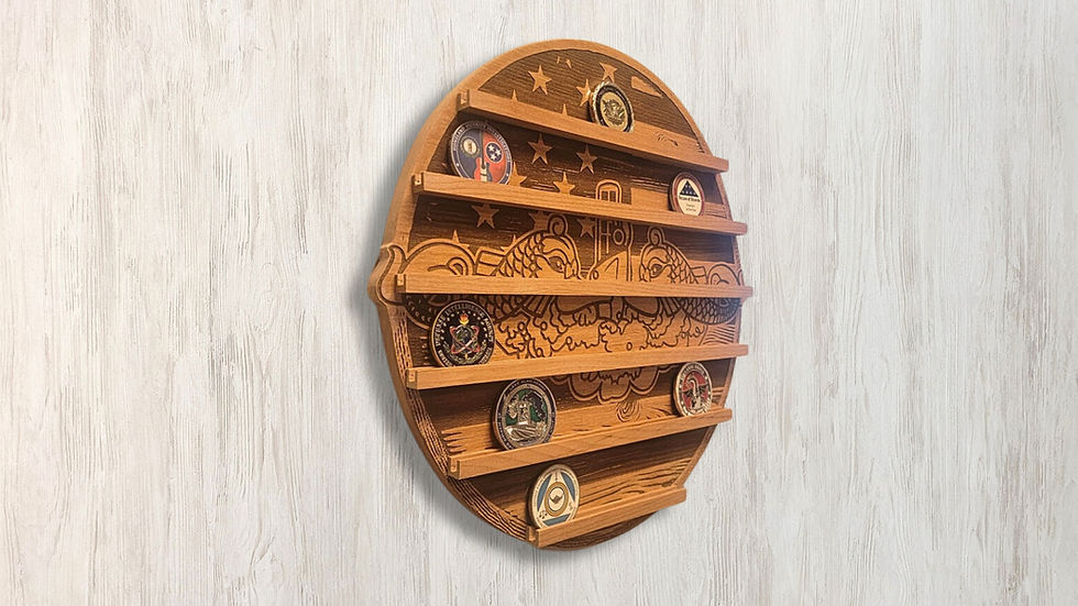 Navy submarine challenge coin holder, wall-mounted display.