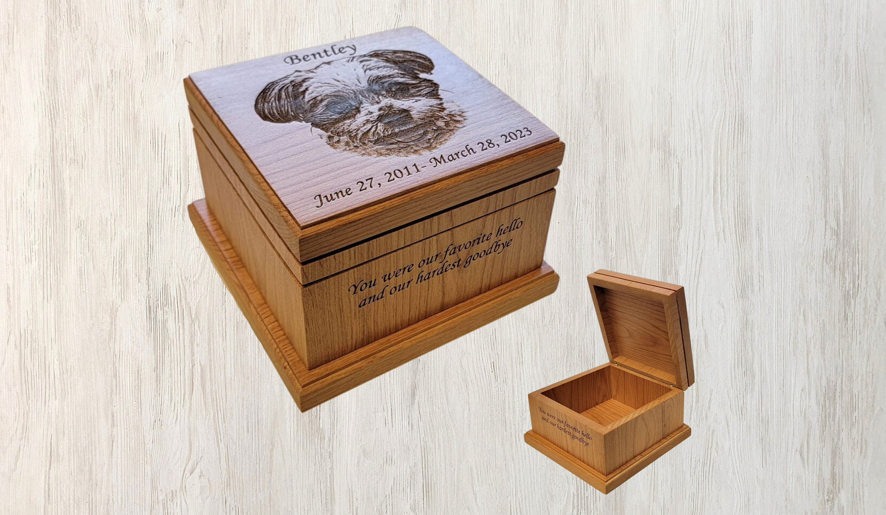 Photo engraved alder wood pet urn, a personalized memorial for beloved pets.