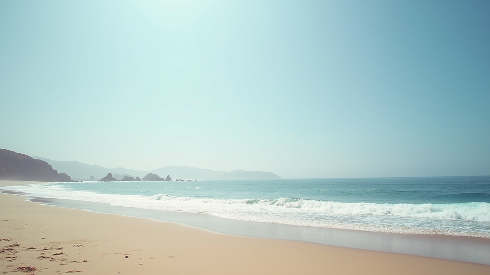 Wide angle view of a calm Malibu beach with small waves rolling in